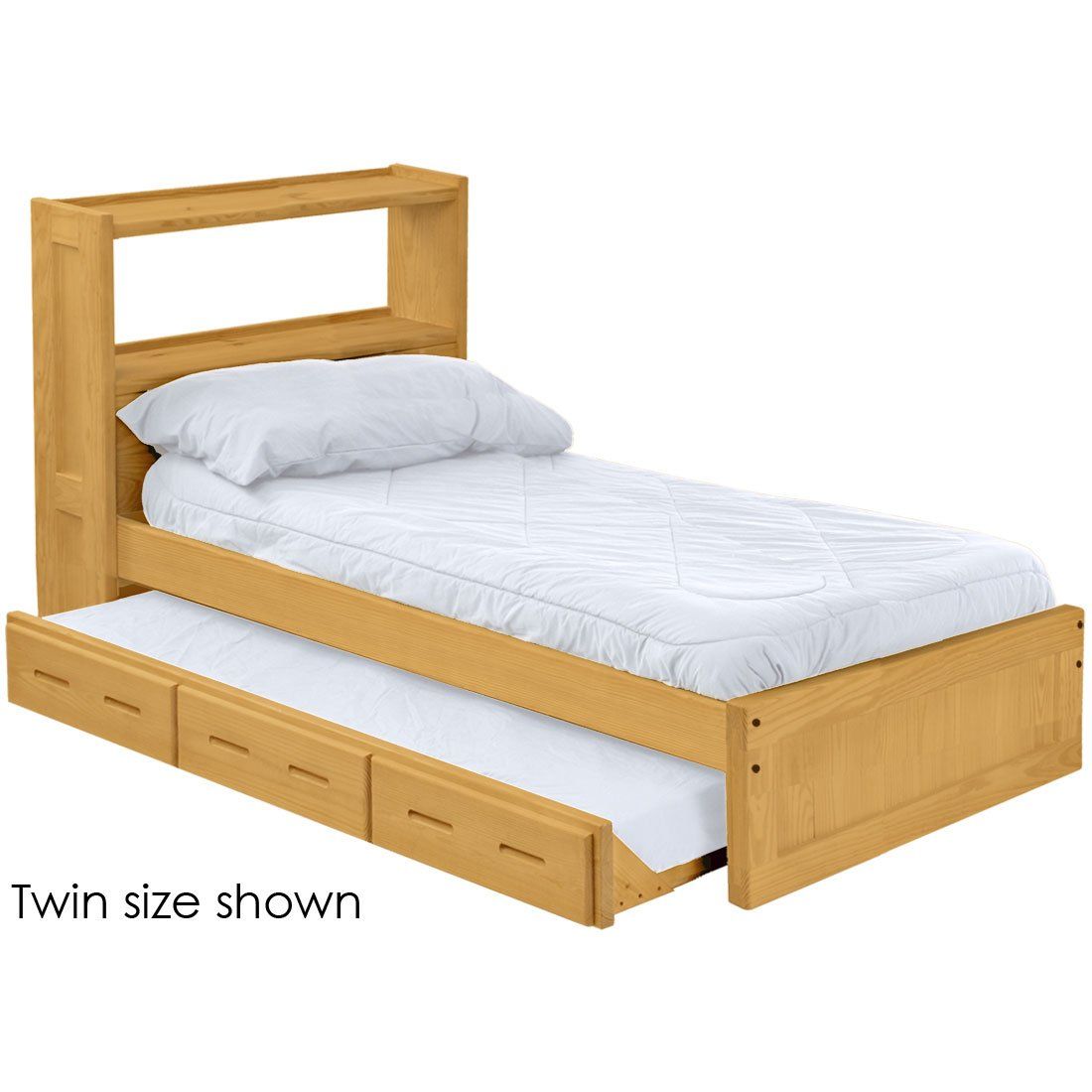 Solid Hardwood Panel Design platform Bed with bookcase headboard and trundle by Crate Design Furniture, Bunk Beds Canada.