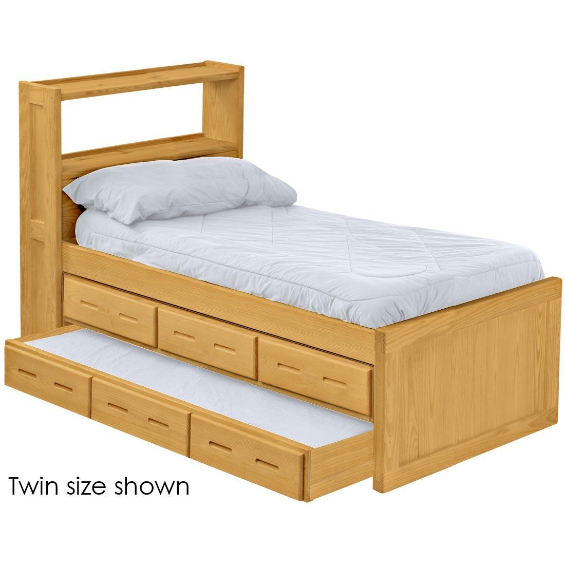 Solid Wood Captain Bed - Panel Design - w Bookcase HB n 3 Drawer unit n Trunle drawer