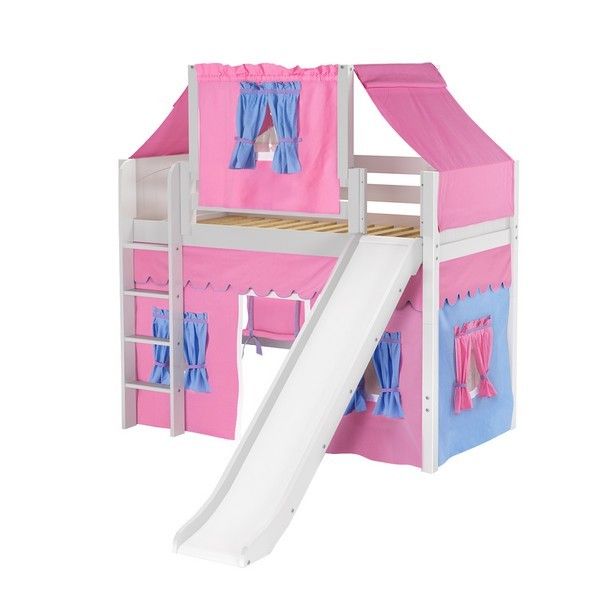Solid Wood Loft Bed w Vertical Ladder, Slide, Top Tent and Curtain - Modular Design