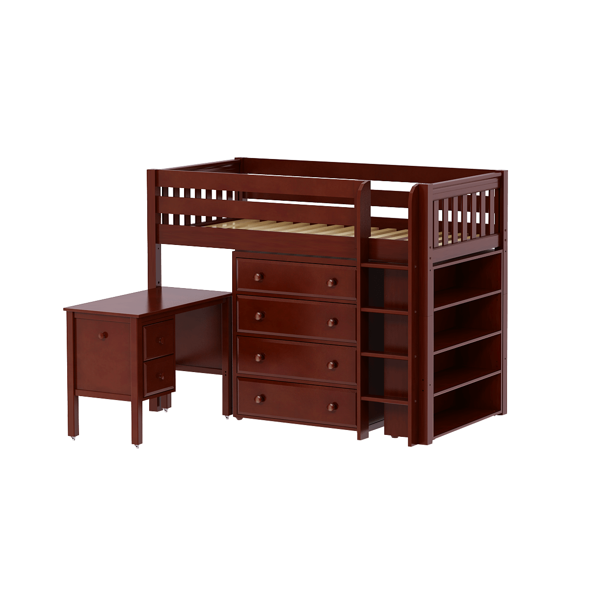 Solid Wood Loft Storage Bed w Vertical Ladder, Desk, 4 Drawers and Bookcase - Modular Design