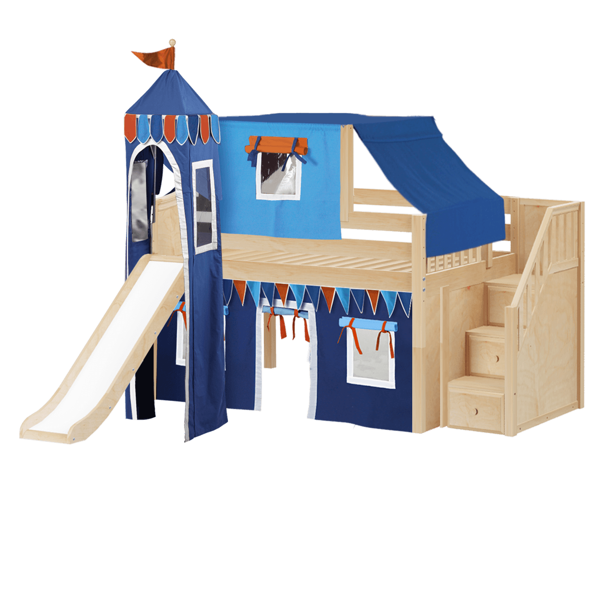 Solid Wood Loft Bed w Staircase, Slide, Tower, Top Tent and Curtain - Modular Design