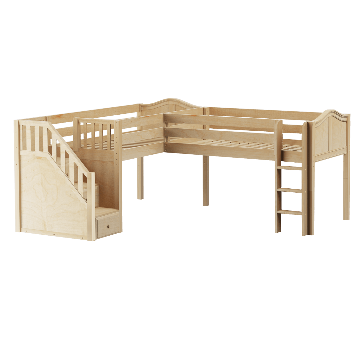 Solid Wood Corner Loft Bed w Vertical Ladder and Staircase - L - Modular Design