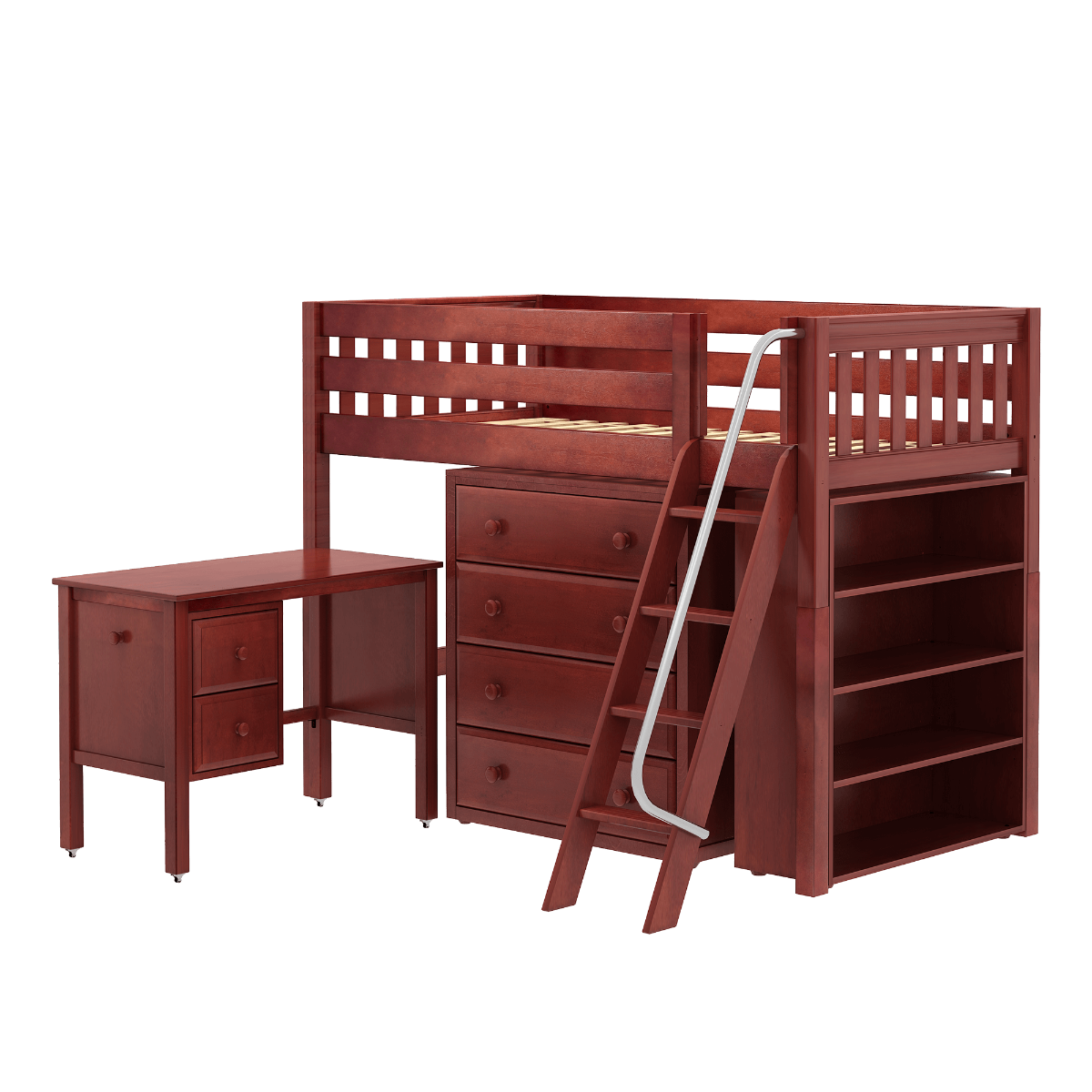 Solid Wood Loft Storage Bed w Angle Ladder, Desk, 4 Drawers and Bookcase - Modular Design