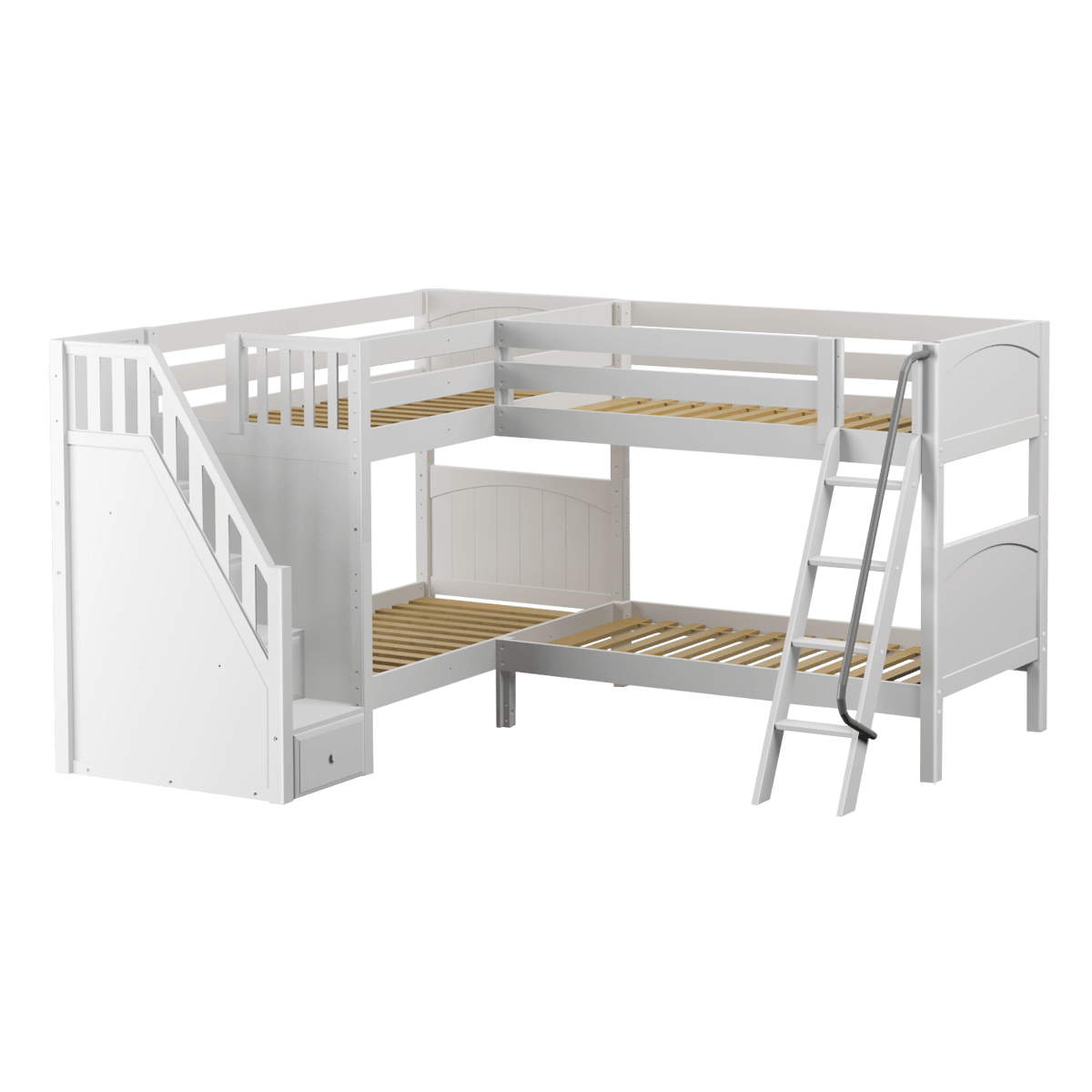 Solid Wood Corner Bunk Bed w Ladder and Staircase - L - Modular Design