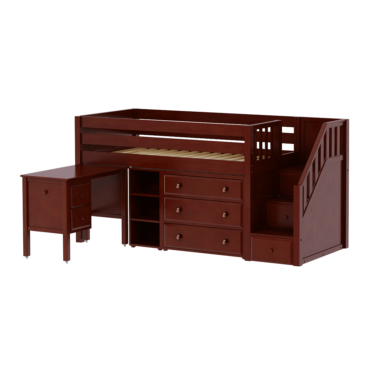 Solid Wood Loft Storage Bed w Staircase, Desk, 3 Drawers and Narrow Bookcase - Modular Design - 51" H