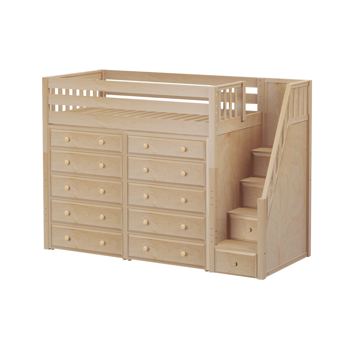 Solid Wood Storage Loft Bed - Staircase, 2 Dressers - Modular Design