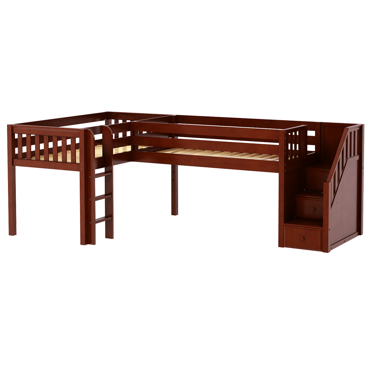 Solid Wood Corner Loft Bed w Vertical Ladder and Staircase - R - Modular Design
