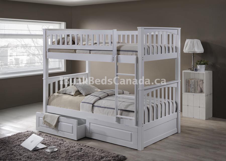 Duncan Bunk Bed, Single over Single in White Finish with two drawers, Straight ladder, 70" Height, Solid Hardwood